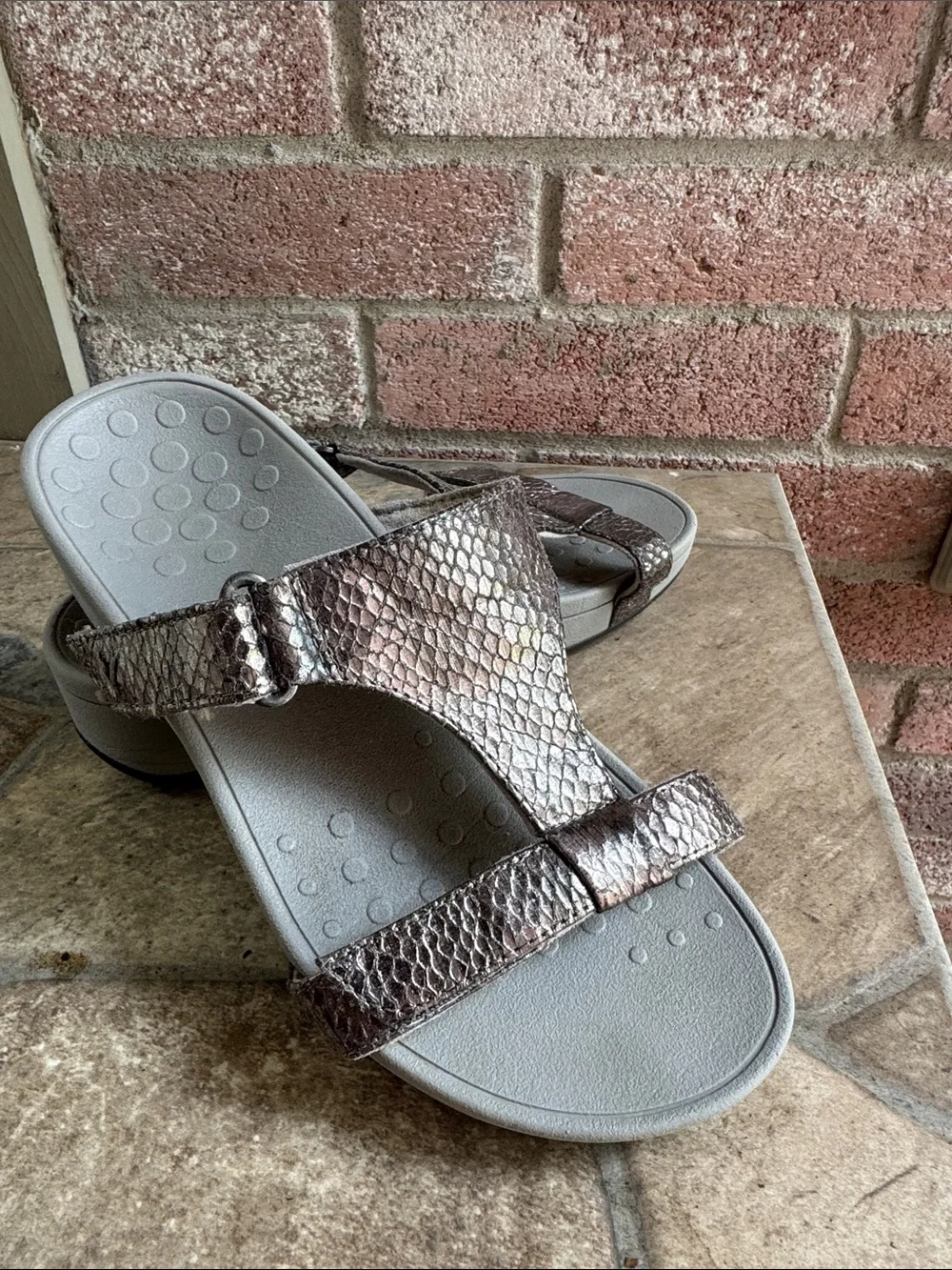 Vionic Ellie Silver Snake-Print Slide Sandals - Picture 2 of 4